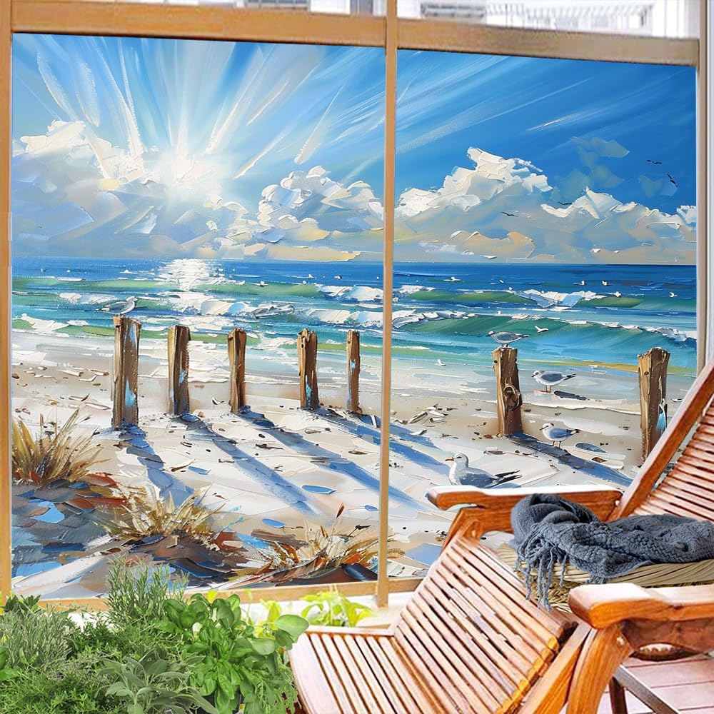 Bunte Sichtschutzfolie mit Meeresblick, Einweg-Fensterfolie, natürlich, blau, Strand, Möwen, abstrakt, hitzeblockierend, selbstklebend, Sichtschutz, 70 x 100 cm, 2 Stück