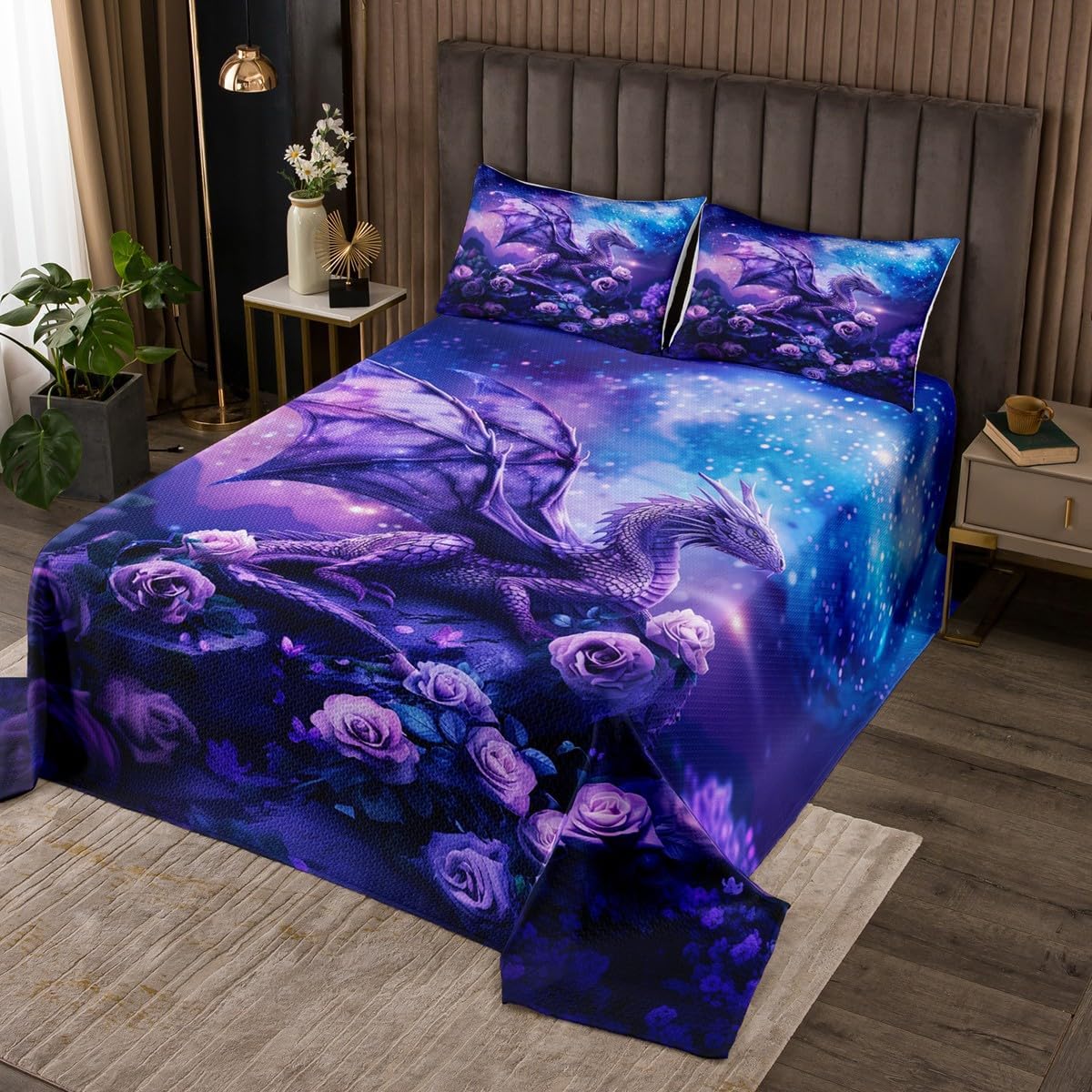 Homewish Dragon Bedspread Queen Size,Purple Nebula Galaxy Bedding Set for Kids Boys Girls Room Decor,Starry Sky Rose Flower Quilt 3Pcs,Western Magical Dragon Microfiber Coverlet Set,2 Pillowcases
