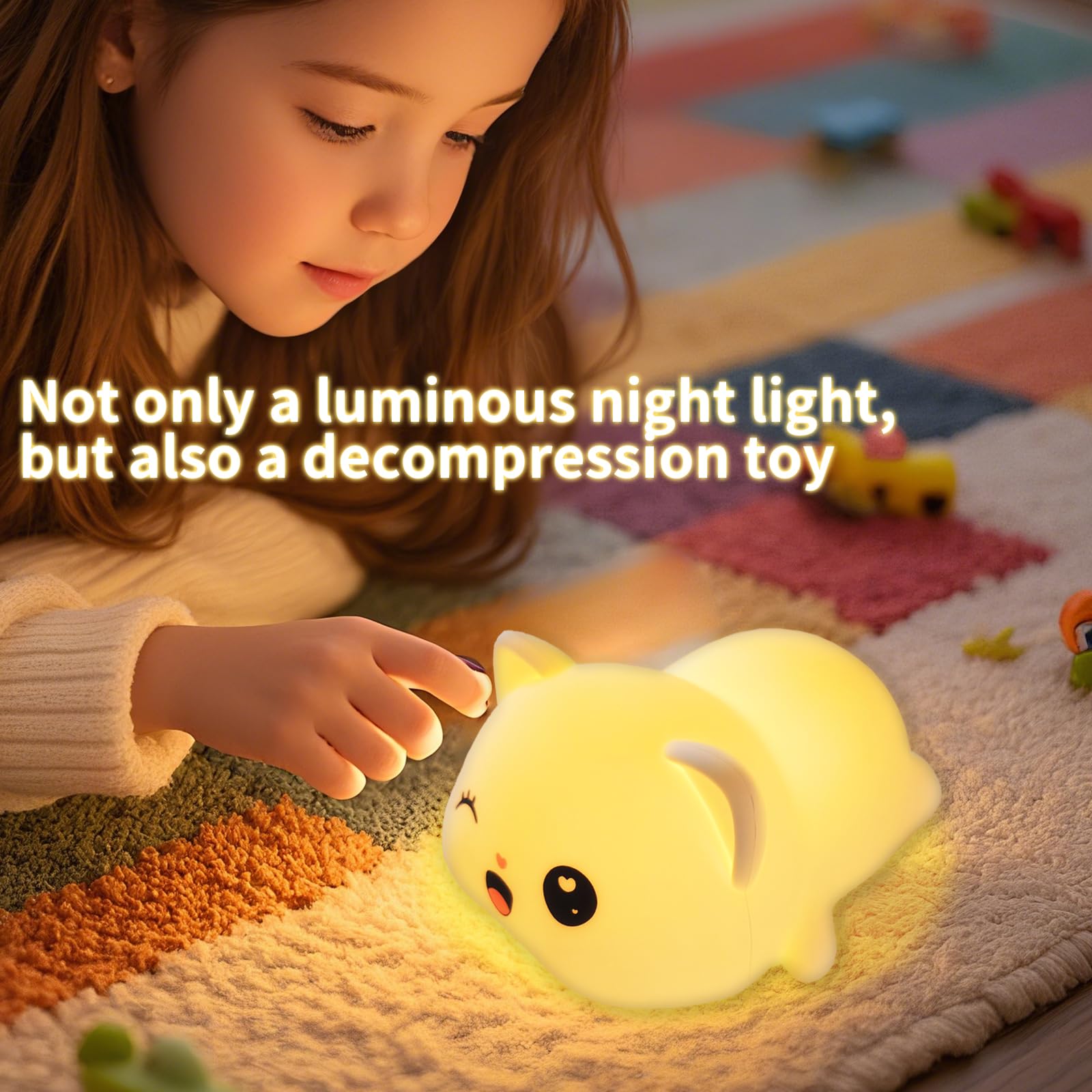 Colorful Life Linda luz de grifo de silicona para gatos, luz nocturna suave con 3 modos de color, lámpara LED recargable para mesita de noche para niños y niñas (blanco cálido, se ilumina cuando se