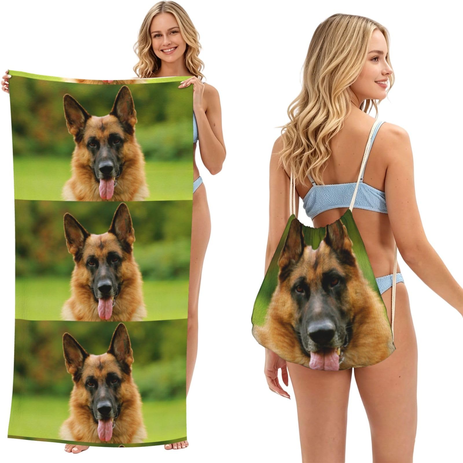 Poadnly As Picture Happy German Shepherd Printed, 2 In 1 Packable Towel Bag, Beach Towels With Drawstring Backpack For Travel Holiday Camping