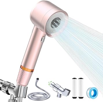 Hand Held High Pressure Shower Head with Pause Switch, 4 Spray Modes Water Saving Shower Head, Hose, Bracket, Shower Head Set with Cotton Filter Pink