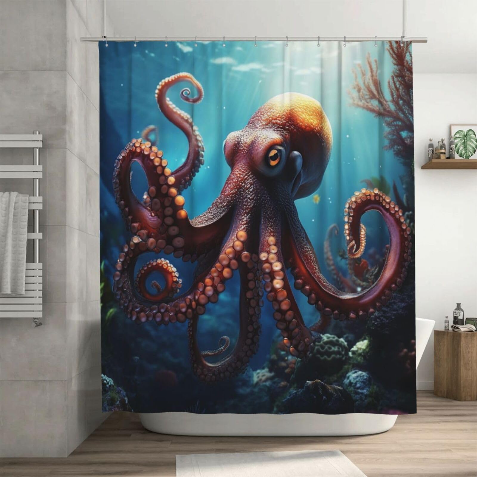 Rideau de douche poulpe 183x183 cm en tissu imperméable avec 12 crochets