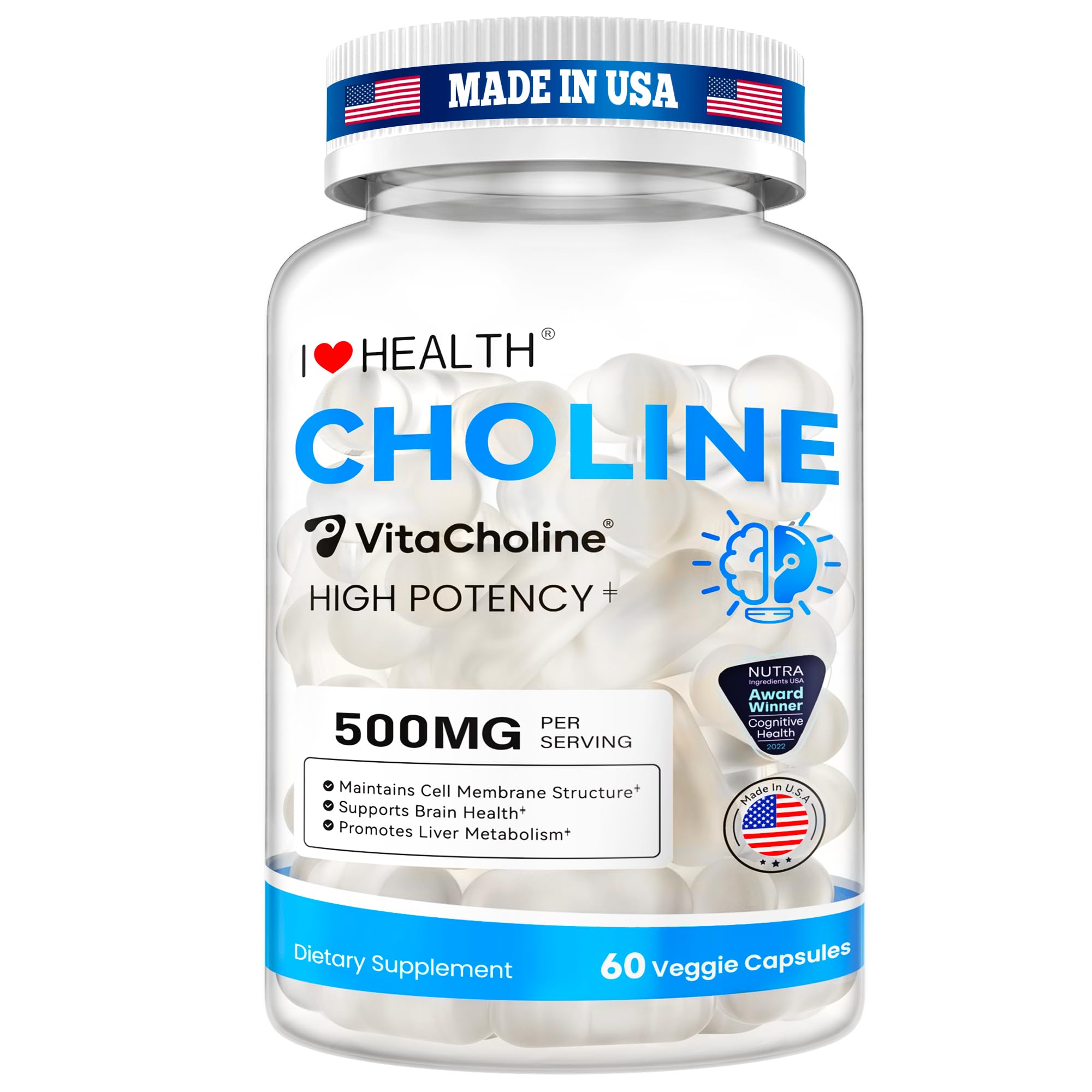 Award Winner -Clinically Dosed 500mg VitaCholine - 60 Caps - Liquid Choline Supplement Support Pregnancy Baby Brain Liver