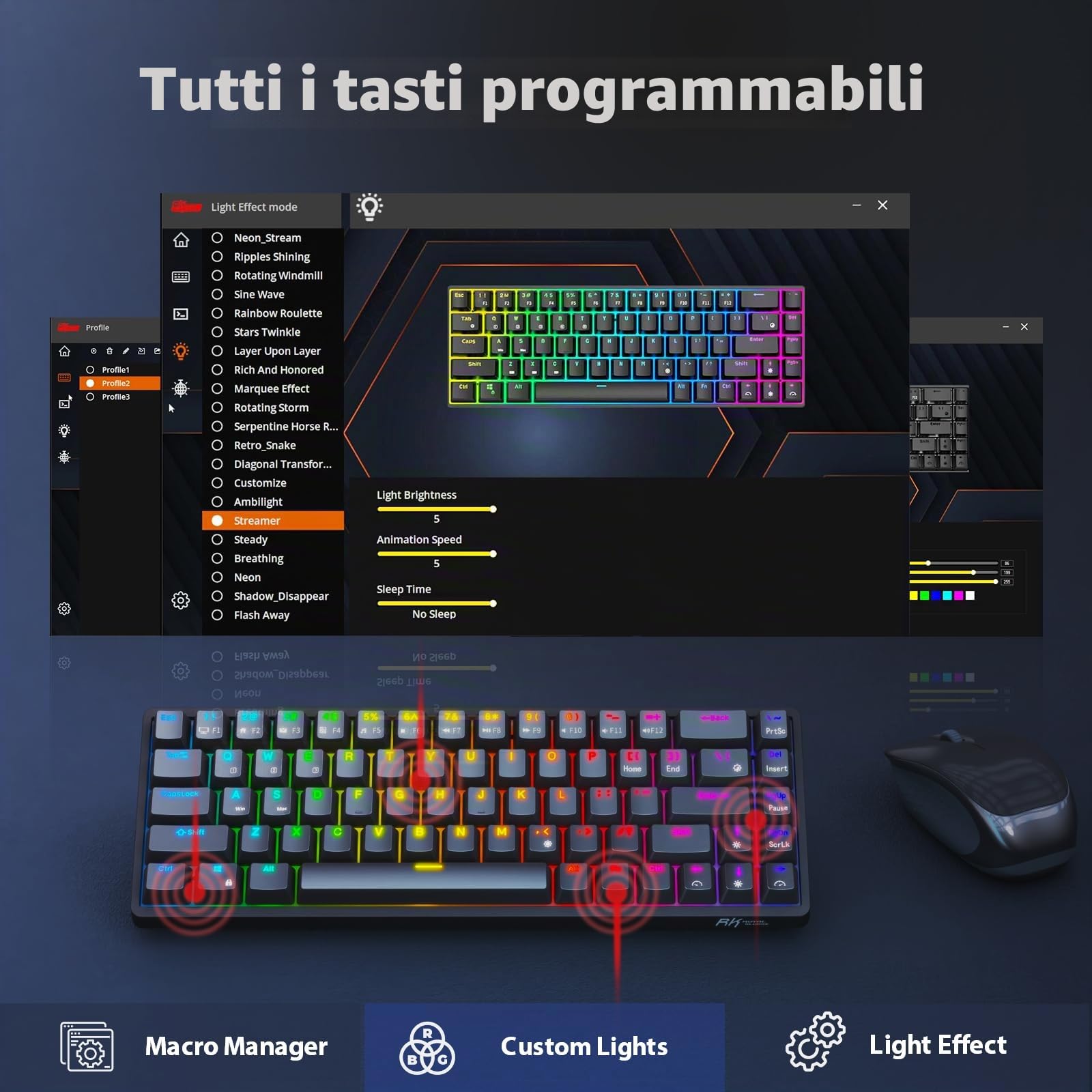 RK ROYAL KLUDGE RK G68 Tastiera Meccanica Wireless Hot Swap 2.4G/Bluetooth/Tastiera da gioco RGB Cablata 65% Layout USA Interruttore Marroni per Win/Mac, Nero