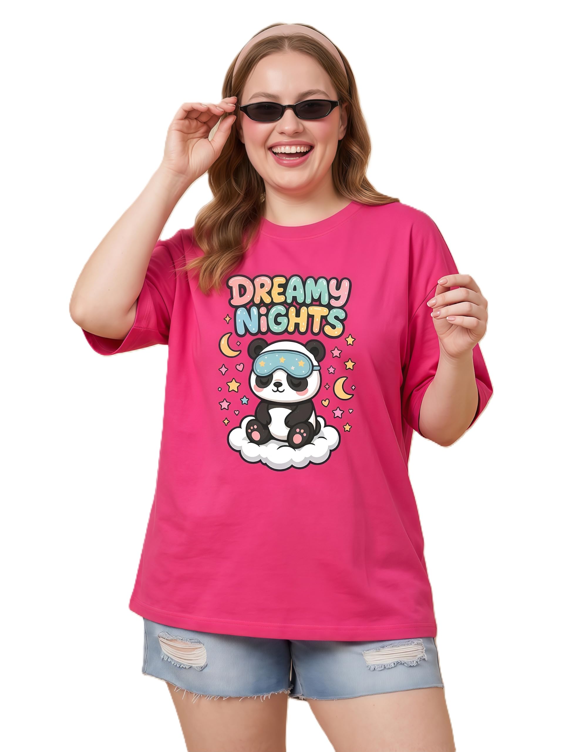 Womens Cotton Graphic Printed T-Shirt | Dreamy Nights Panda Print | Half Sleeve Casual Tee |S-5XL