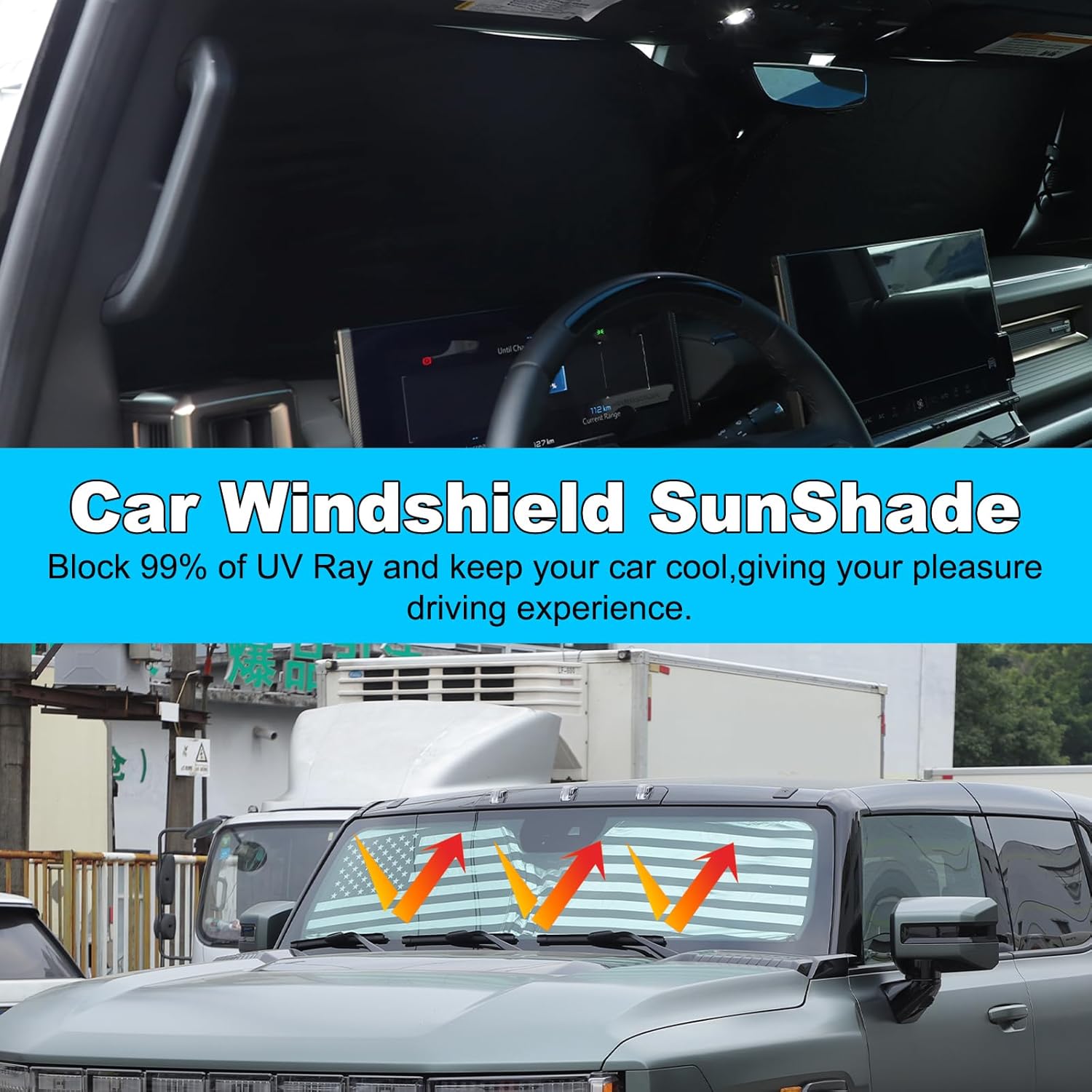 for Hummer EV Accessories Windshield Sun Shade American Flag Foldable Insulation Block UV Rays and Sun Heat Easy to Install&Store Sunshade for Hummer EV SUV Pickup Truck 2022-2024 2025 2026
