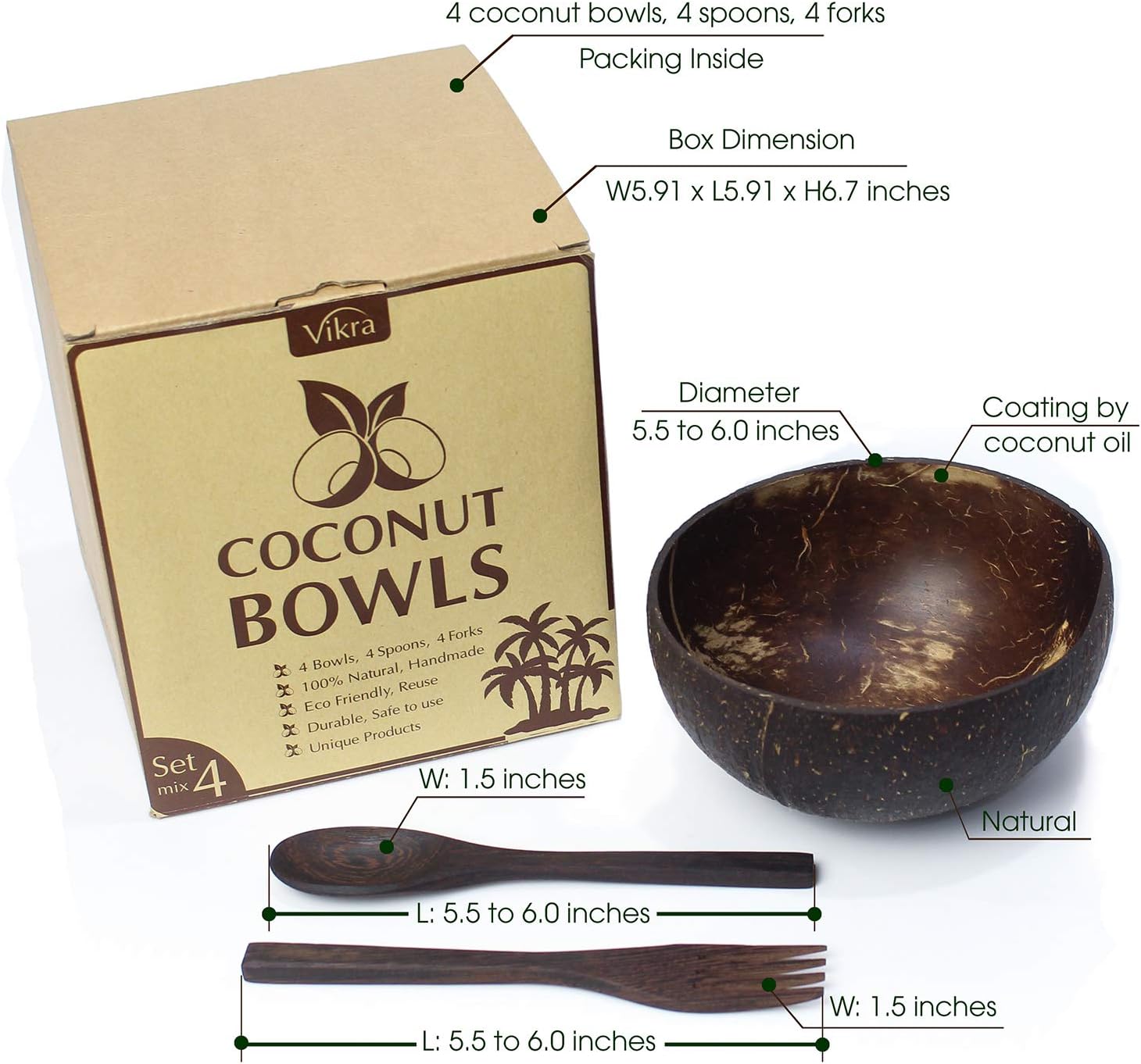 Vikra (Set mix 4) Vietnamese Coconut Bowls with Spoons and Forks 100% Natural, Handmade, Eco Friendly. Bowls for Kitchen, Salad Bowls, Smoothie Bowls, Acai Bowls, Vegans Gift, Decorations