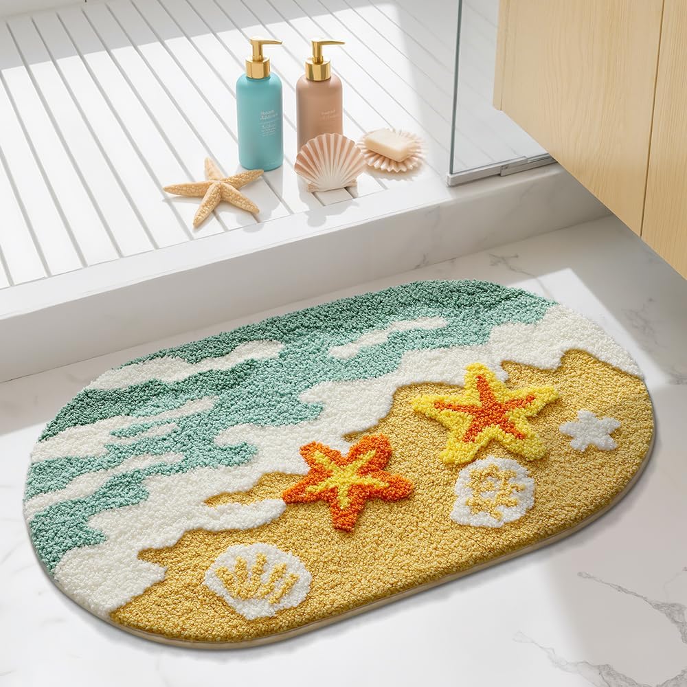 Blue Ocean Wave Bath Mat, Cute Funky Bathroom Rugs for Coastal Beach Nautical Themed Decor, Trendy Tufted Shower Mats 30"x 20" (Grey)