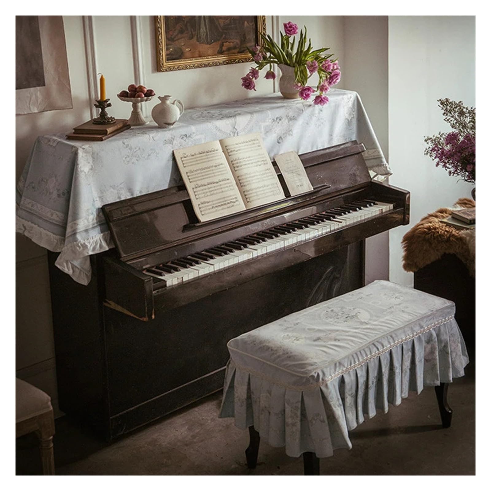Copertura Per Pianoforte Copertura for pianoforte blu, antipolvere, mezza copertura, copritastiera in tessuto, sgabello for, completa, stile pastorale(Piano stool cover,90x210cm)