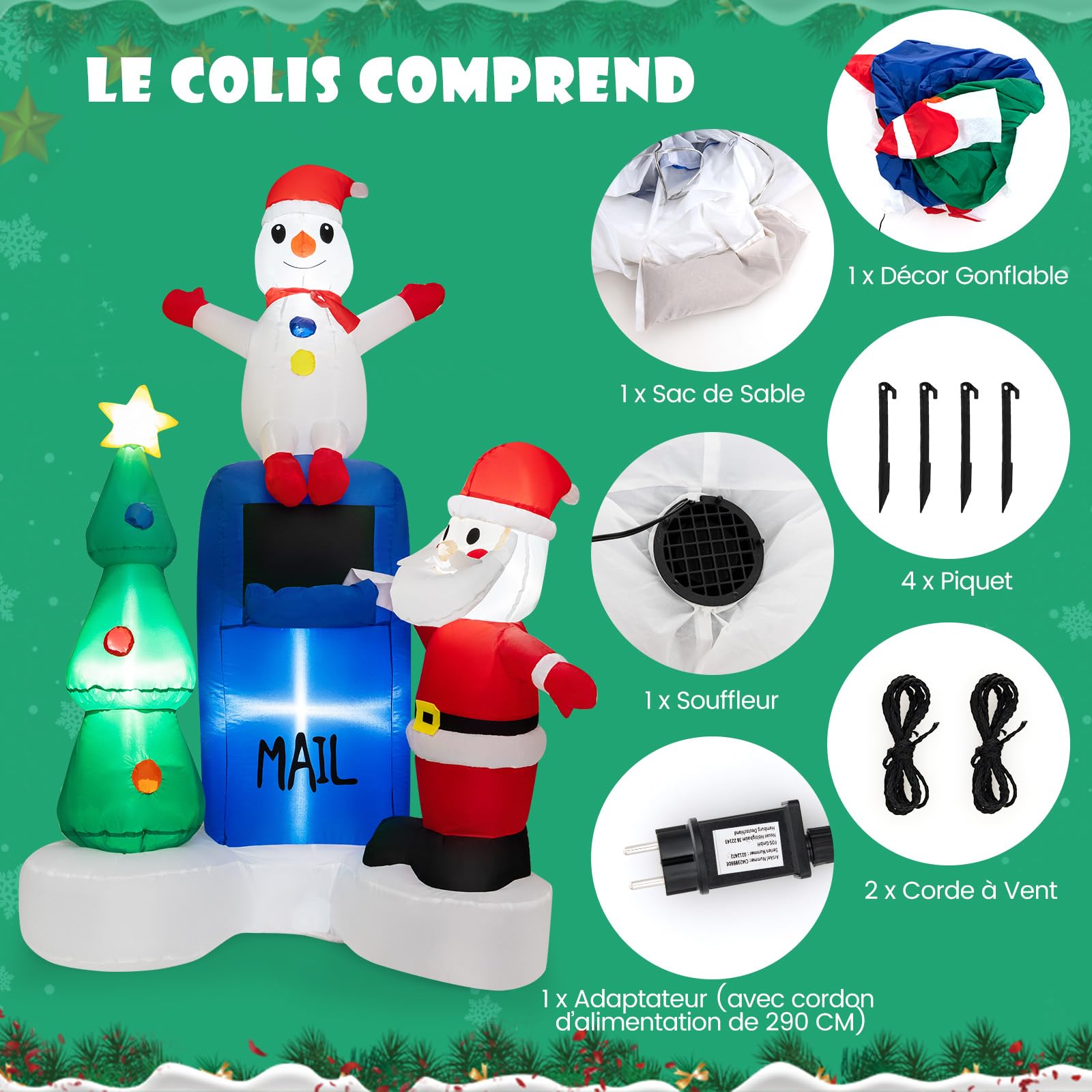COSTWAY Décoration Gonflable de Noël 185cm avec Lumières LED | Décoration Père Noël Boîte aux Lettres et Bonhomme de Neige avec Sac de Sable pour Fêtes Intérieur/Extérieur