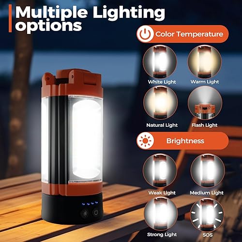 Miniatura 5 de Luz de campamento recargable de 12000 mAh con soporte ajustable, luz de trabajo inalámbrica con 3 cabezales de lámpara LED, linterna de emergencia