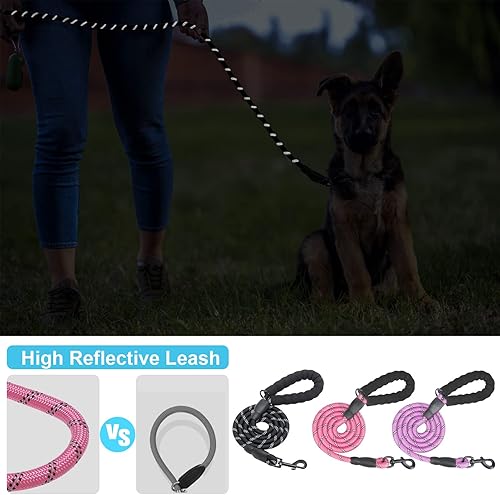 Miniatura 4 de BEAUTYZOO Paquete de 3 correas de cuerda resistente para perros, correa de nailon para mascotas de 6 pies con hilo reflectante, mango acolchado