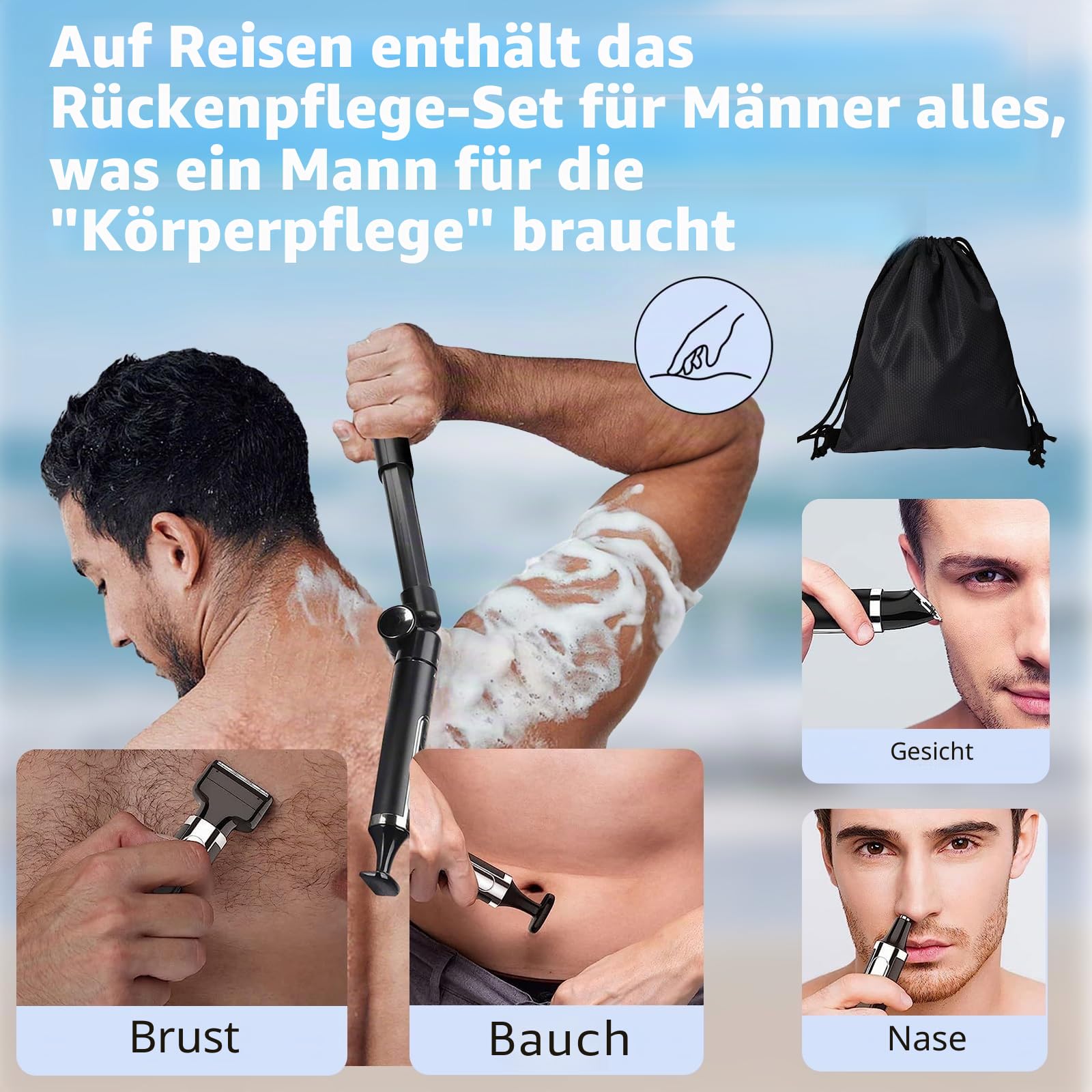 Elektrischer Rückenrasierer für Herren, 4-in-1 Körperpflegeset, Körperhaartrimmer mit verstellbarem Verlängerungsgriff, wasserfest, kabellos, USB-Körperpflege-Set für private Teile (Schwarz)
