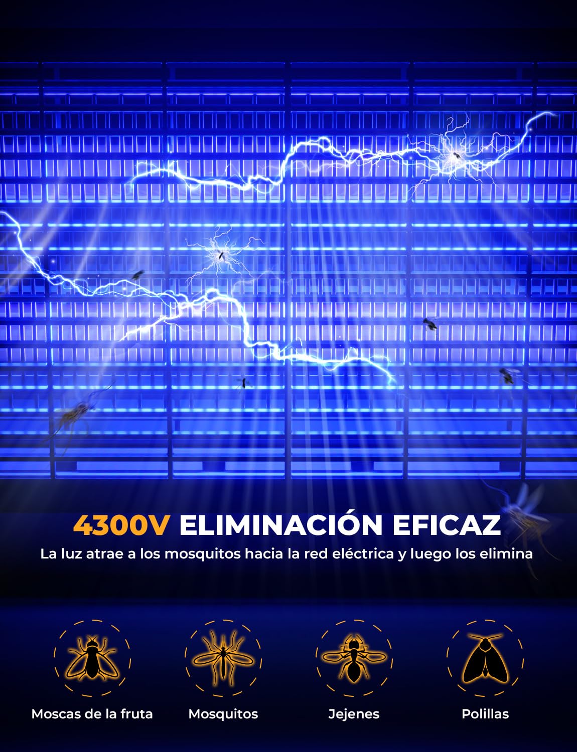 YISSVIC Lampara Antimosquitos Mata Mosquitos Electrico 4300V 365nm UV Matamosquitos para Interiores con 2 Tubos UV Recambio