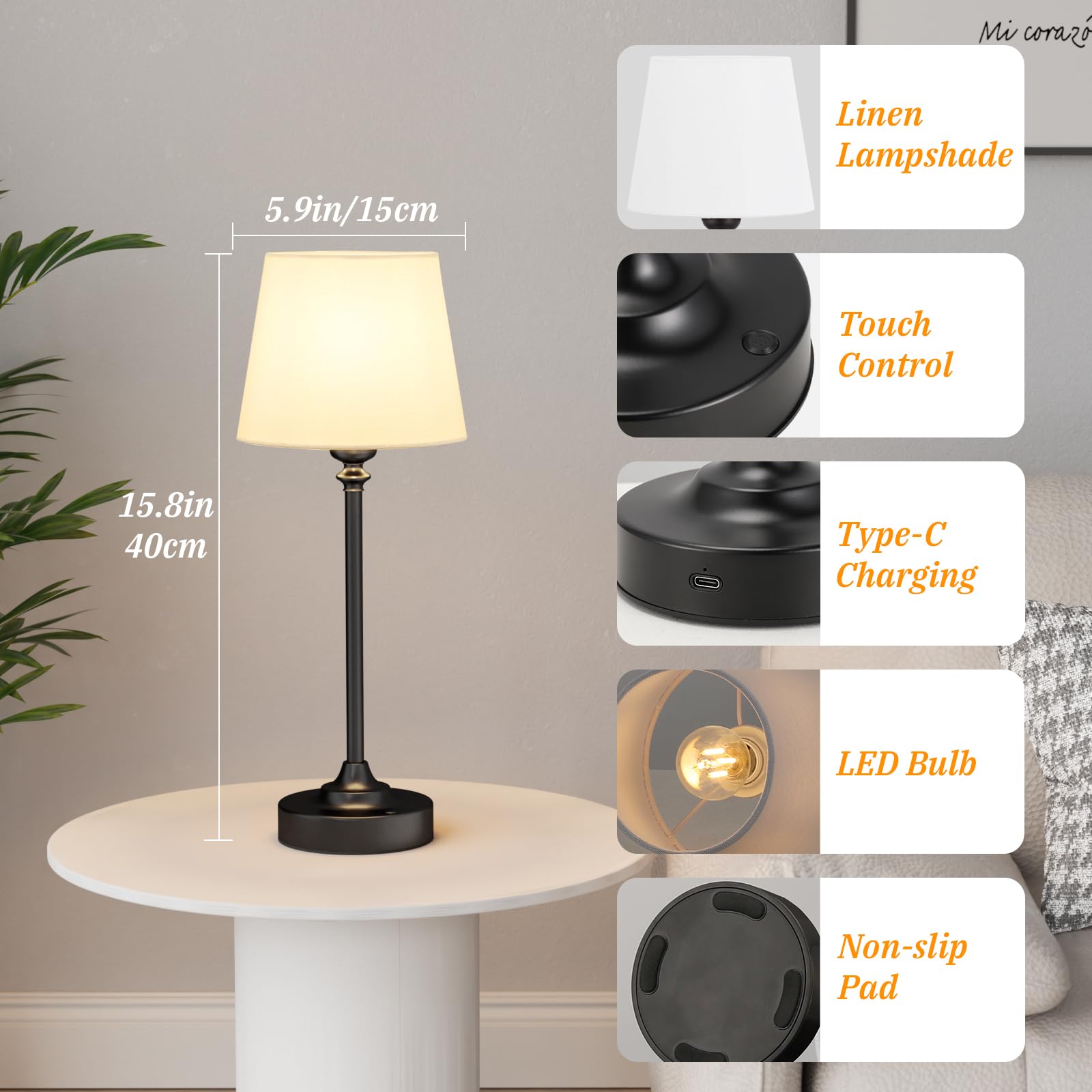 Lampada Da Tavolo LED Senza Fili PreeOtti – Batteria 4000mAh, Dimmerabile, Paralume In Lino Bianco, Base Ottone, Ricarica USB-C