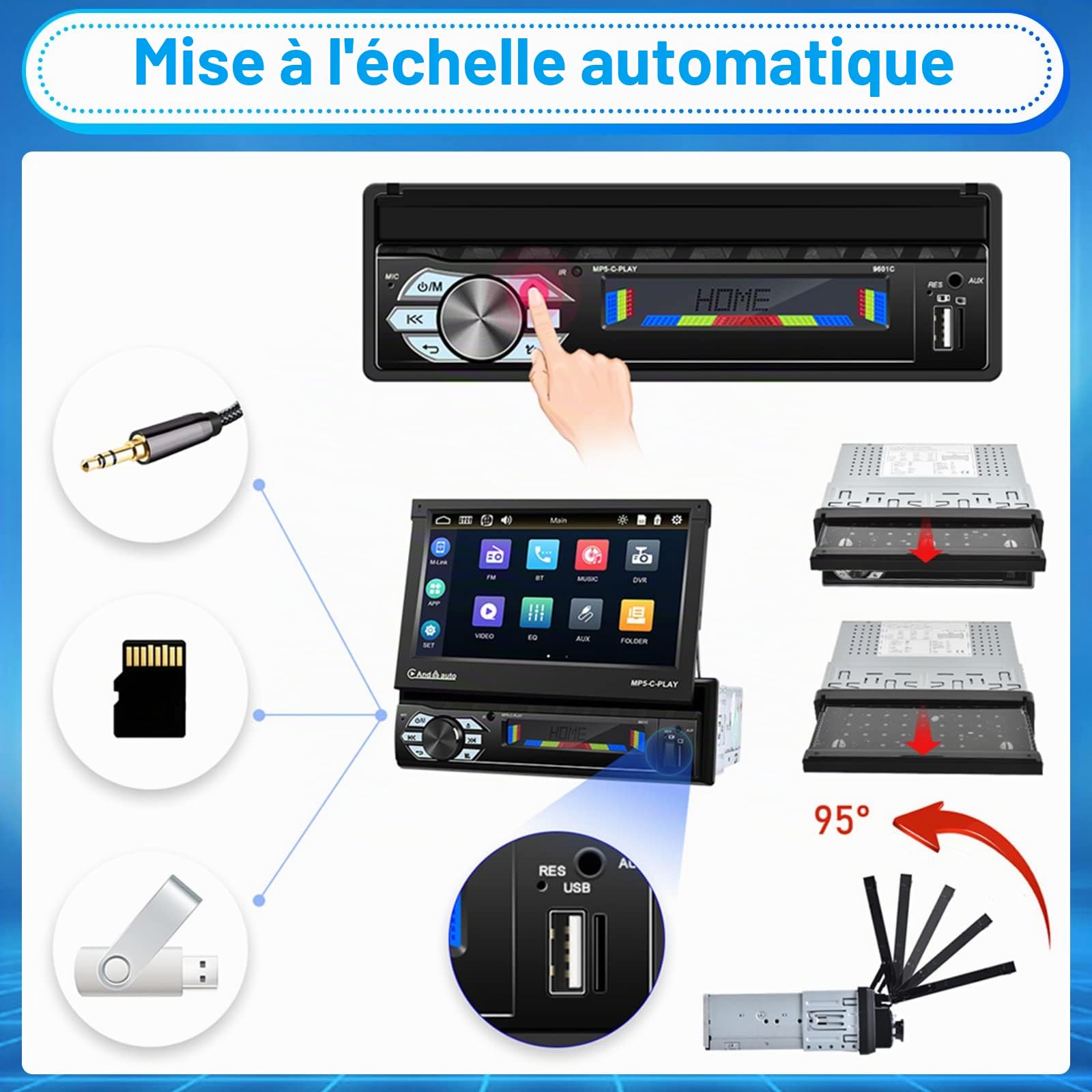 Hikity Autoradio Bluetooth 1 Din Automatique Retractable Pliant avec Carplay Android Auto,7'' Motorisé et Extensible Écran Poste Radio Voiture avec Bluetooth Mirror Link USB FM AUX Caméra de Recul