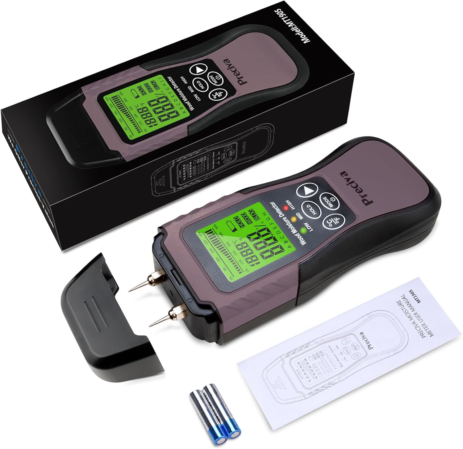 Preciva Digital Wood Moisture Meter MT19050 in its packaging with batteries and manual