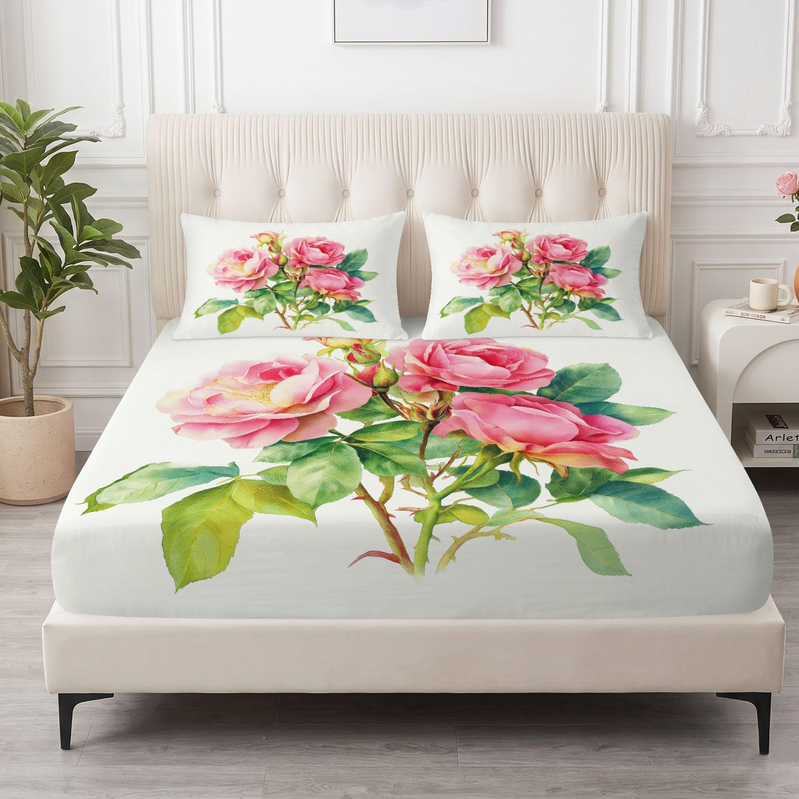 Sábana bajera ajustable para niños y niñas, 90 x 200 cm, color blanco, hojas de rosas y ramas, de acuarela, decorativa, suave y no necesita planchado, transpirable, de microfibra, hipoalergénica, para