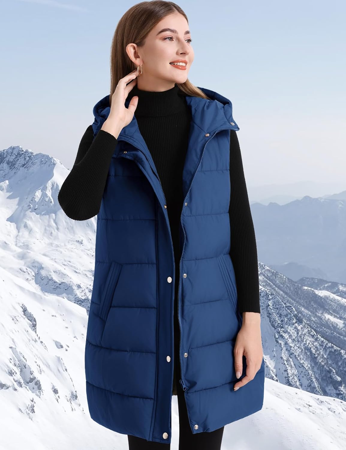 Flygo Long Puffer Vest Women Hooded Sleeveless Winter Jacket Button Zip Up Quilted Vest Padded Outerwear - Image 4