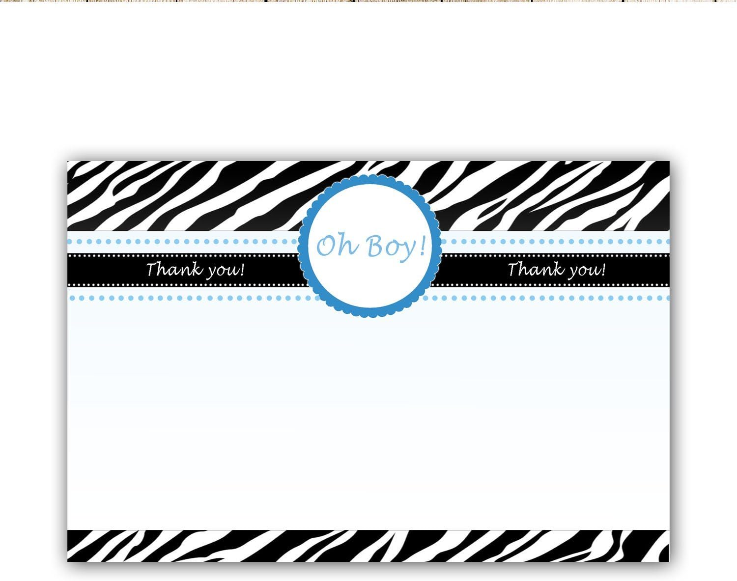 30 Blank Thank You Cards Black Jungle Zebra Blue Oh Boy Design Baby Shower Party + 30 White Envelopes