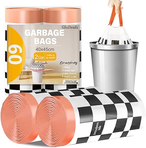 GloDeals - Bolsas de basura pequeñas de 2 galones, bolsas de basura pequeñas con cordón, 120 bolsas de basura duraderas pequeñas para baño, cocina,