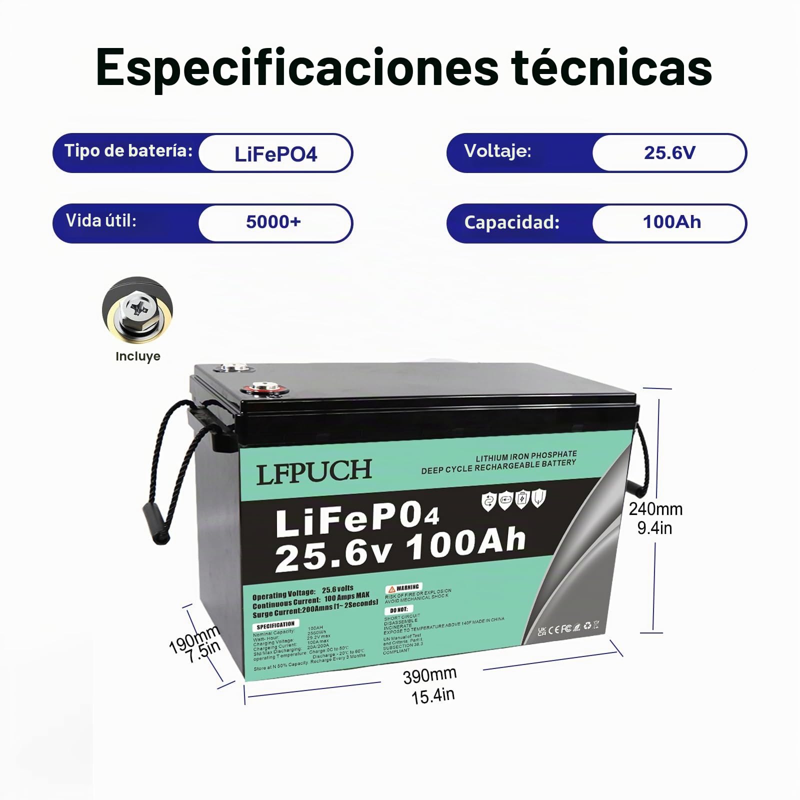 Batería LiFePO4 de 24V 100Ah, batería de fosfato de hierro y litio en lugar de batería AGM batería de ciclo profundo, para vehículos recreativos, botes, sistemas solares, campamentos, etc.