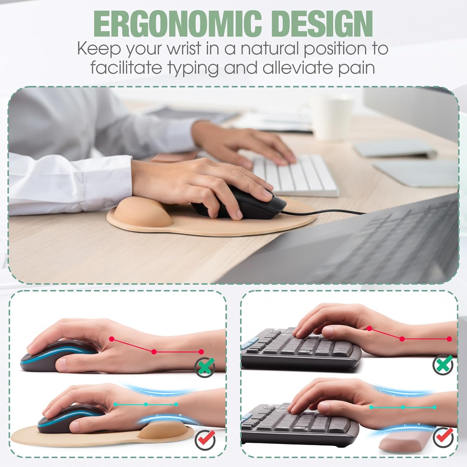 Copkim 4 Sets Wrist Rest and Mouse Pad 3-in-1 Ergonomic Mousepad and Coaster Wrist Rest Support for Computer Keyboard Office Desk Accessories Gift Memory Foam and Silicone Lining, 4 Colors