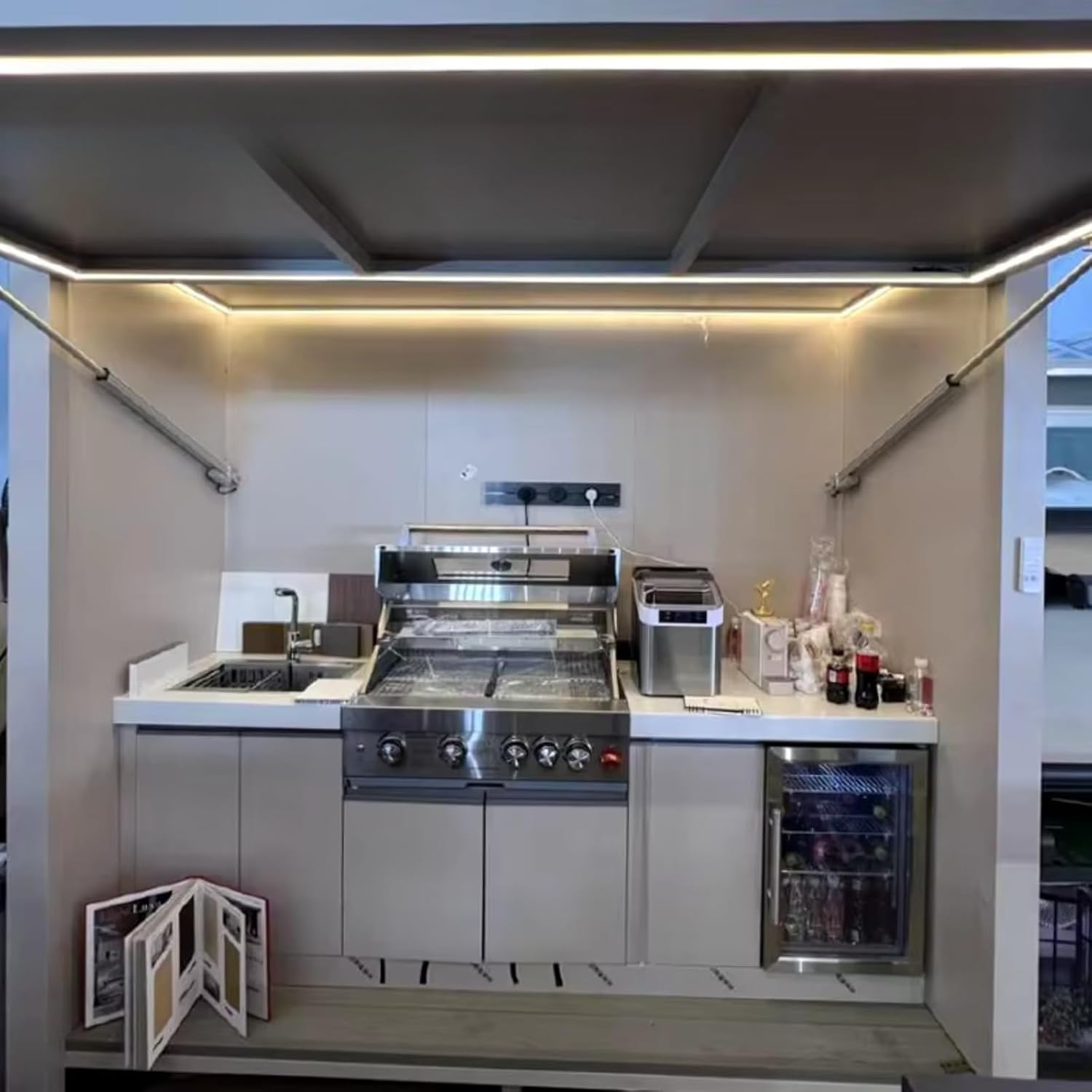 Outdoor Kitchens with Shed Mobile Weatherproof Stainless Steel Modular Outdoor Kitchen Pod for BBQ Patio Party Gathering