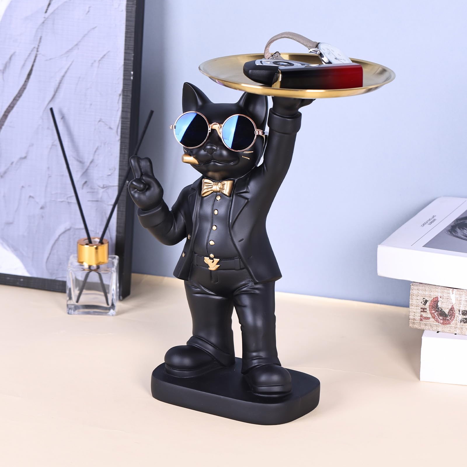 30 cm di altezza divertente scultura decorativa gatto nero con contenitore per caramelle - adorabile statua di gatto con vassoio portaoggetti per soggiorno, vassoio portachiavi per ingresso