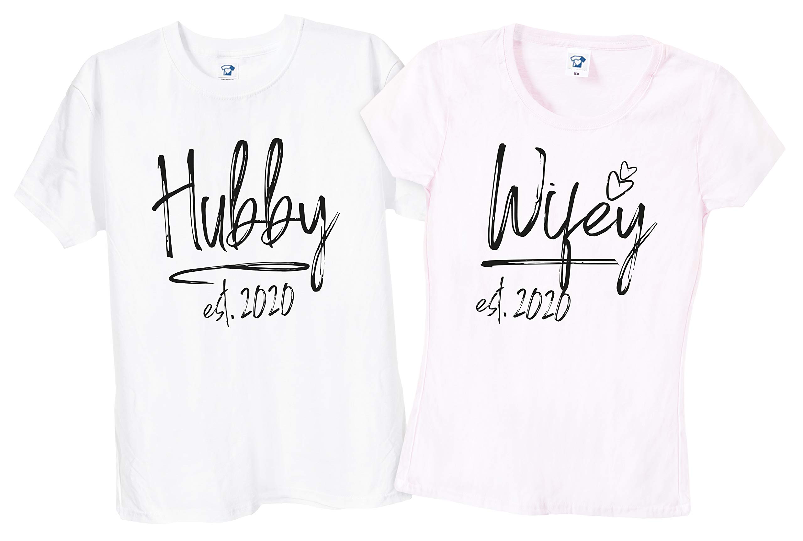 TrendySnug Tees Personalised Matching Pair Hubby Wifey Mr & Mrs Wedding Day Honeymoon Anniversary T-Shirts, 187 (White with Black Text, Men's - Large/Women's - Medium)