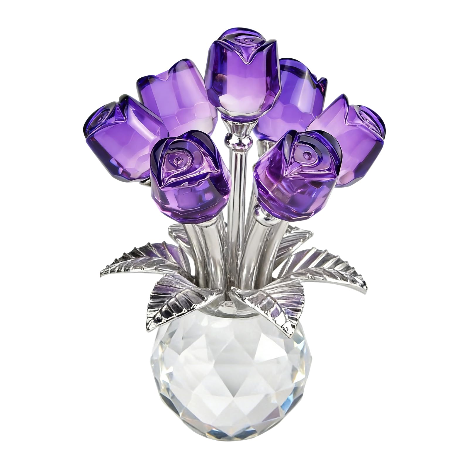 Crystal Rose Ornament, Crystal Flowers, Crysta-l Purple Rose Bouquet Figurine, Premium Glass Flower Ornam, Crystal Ornaments Glass Flowers for Mum Wife Mother's Day,Anniversary Timeless Symbol of Love