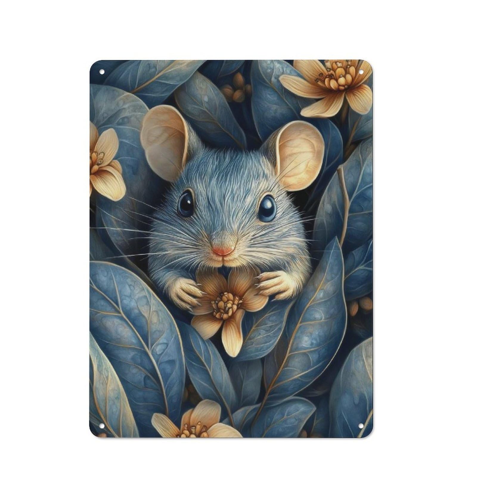 Blue Mouse in Blue Foliage Retro Metal Plaque 40x30cm for Lounge Or Reading Corner, for Vintage Wall Decor Fans, for Themed Room Decoration