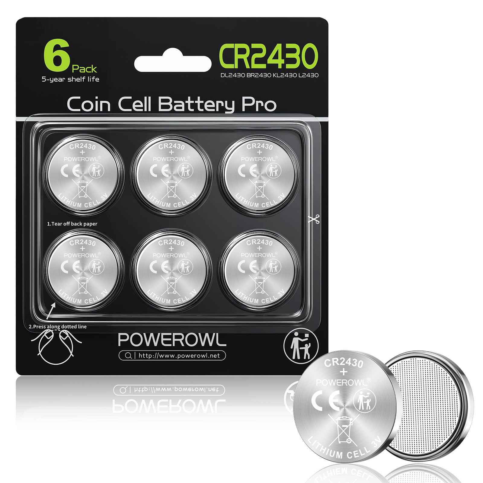 POWEROWL 3v Piles CR2430 Lithium Batteries 6-Pack