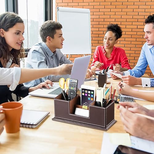 Miniatura 6 de PUSU Portalápices de escritorio, soporte de bolígrafo de piel sintética para escritorio, organizadores de escritorio ejecutivos y accesorios,