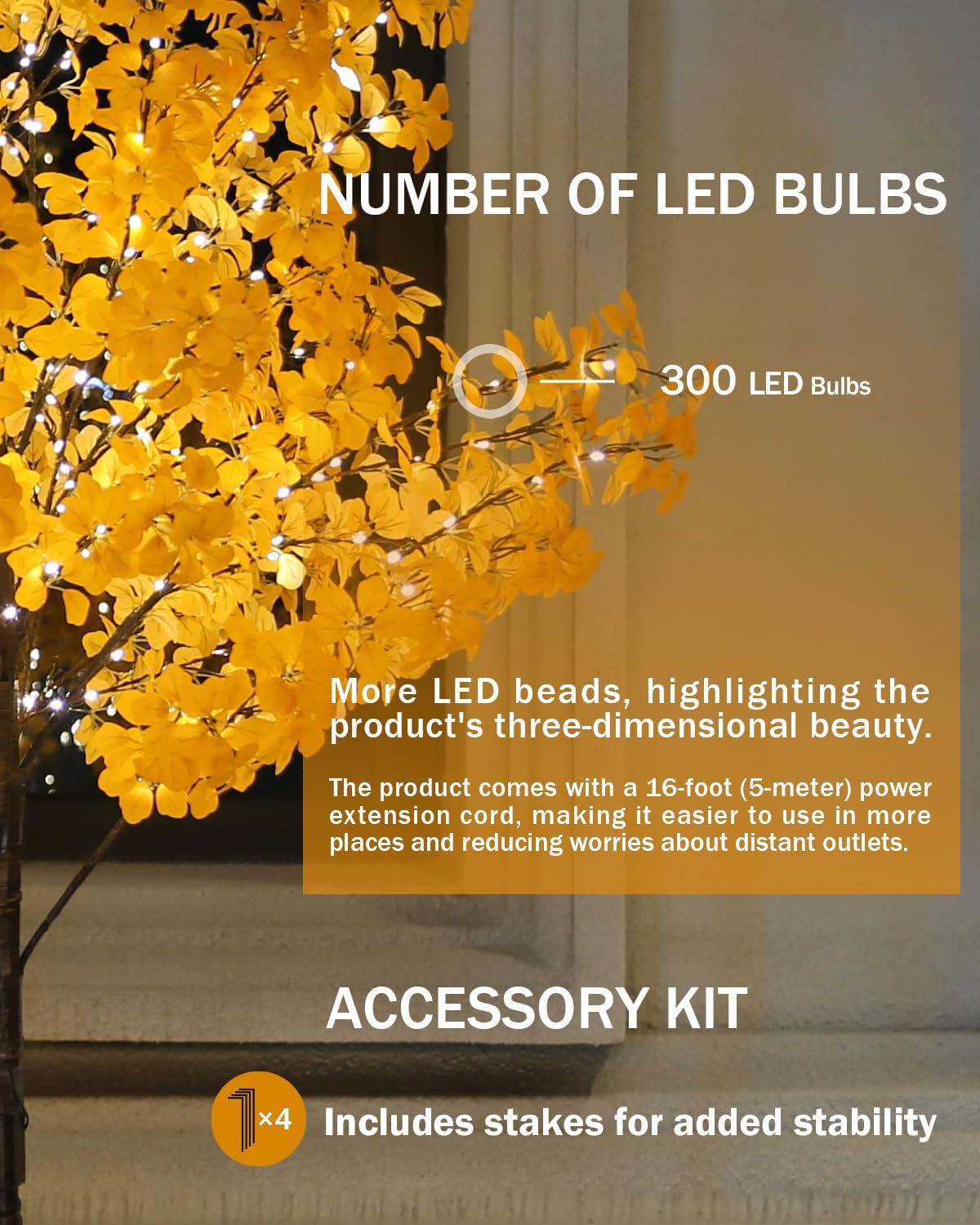 6FT 5-Leaf Lucky Tree Christmas Tree with Warm White Lights - 300 LEDs Weatherproof Indoor/Outdoor Lighted Maple Tree, 16ft Extension Cord & Stakes, 4 Dimming Modes + Timer (Yellow) - Image 3