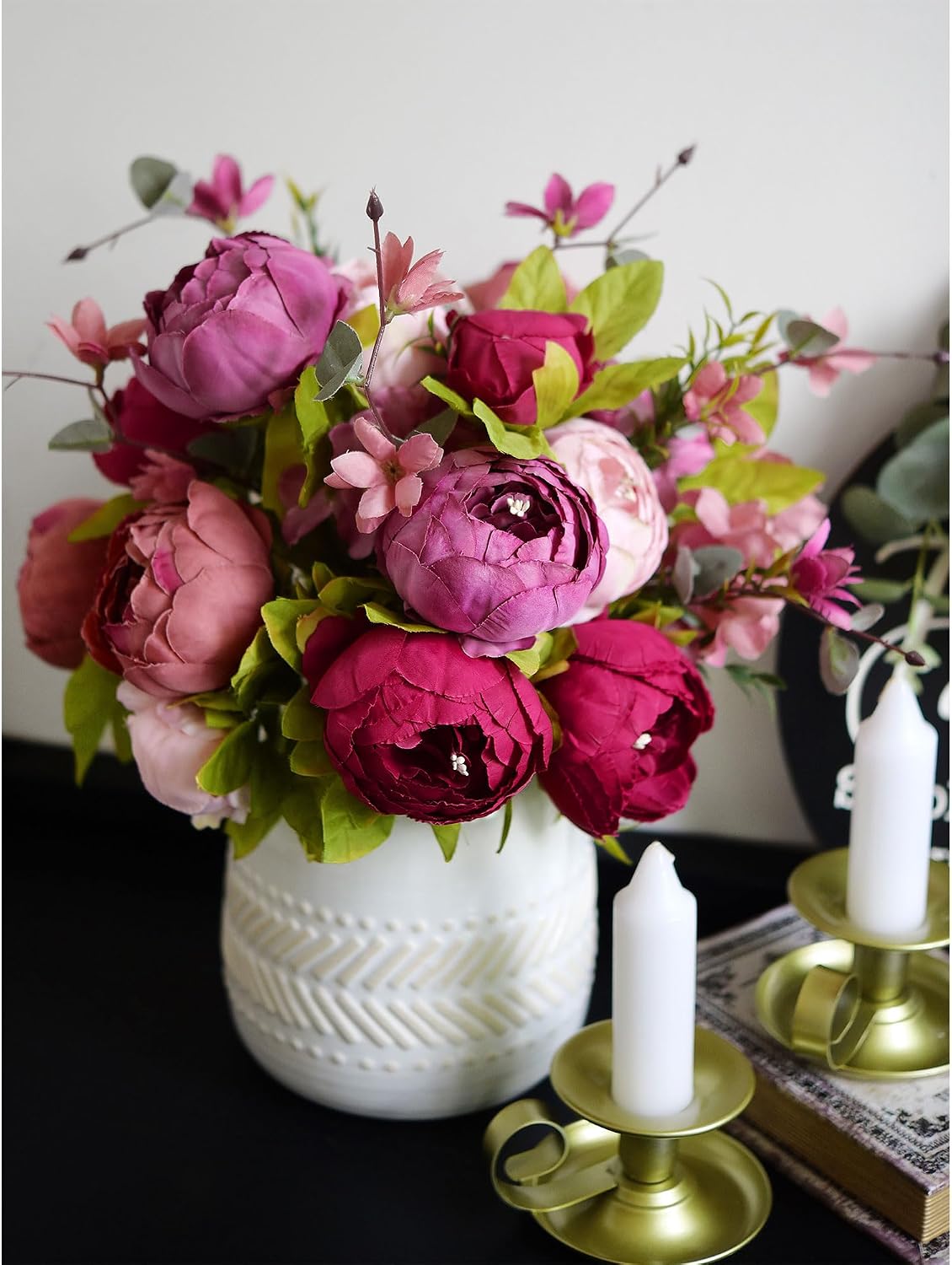 FiveSeasonStuff Mystic Blush Silk Peony & Hydrangea Bouquet with 2 Gold Taper Candle Holders; Vintage-Inspired Artificial Flowers for Weddings & Home Decor image 3