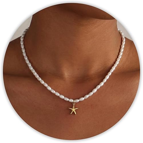 Sereney Pearl Necklaces for Women, 8mm Dainty Pearl Necklace as Bridal Necklace for Wedding, Sterling Silver Freshwater Pearl Choker Necklace as Birthday Jewelry Starfish Necklace Bridal Gifts for Her