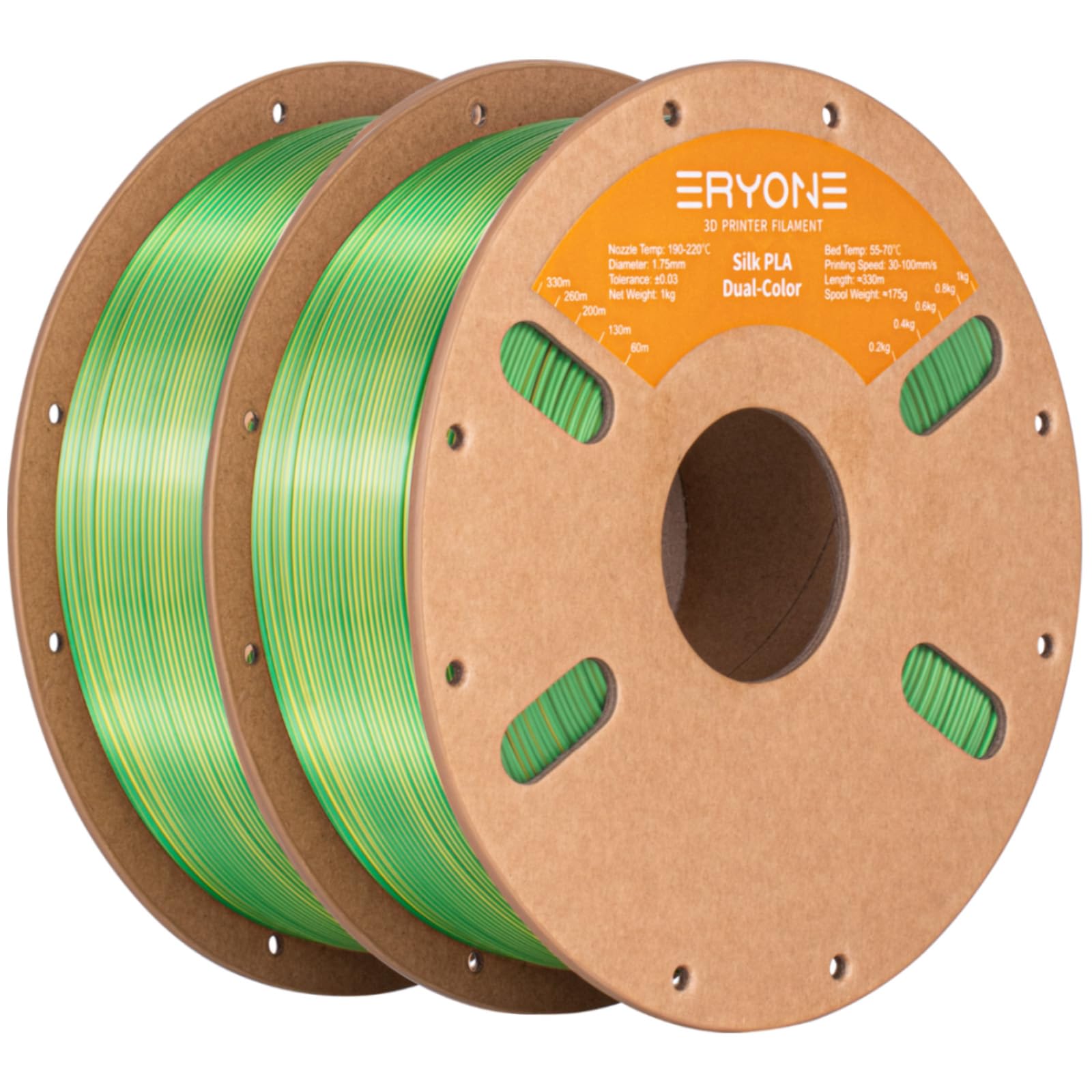 ERYONE Silk Dual Color PLA Filament 3D Printer 1.75mm +/- 0.03mm, Bicolor Filament Two Tone PLA Bundle 2KG Cardboard Spool, Yellow Green
