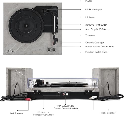 Miniatura 5 de LP&No.1 Reproductor de discos de vinilo con altavoces estéreo, tocadiscos de 3 velocidades con transmisión por correa para álbumes de vinilo con