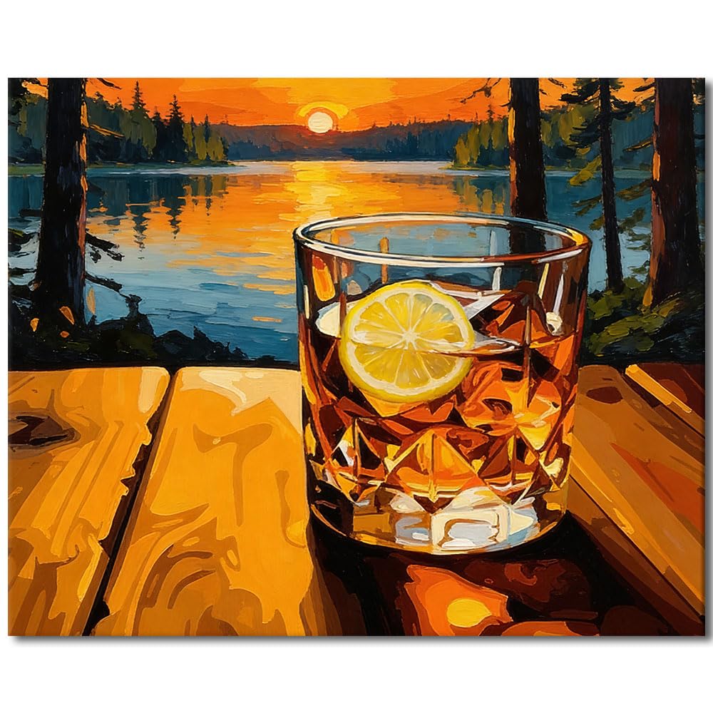 TISHIRON Adult Paint by Number Kits for Beginner, Paint by Numbers Kit for Adults - Whiskey Glass with Serene Lake Sunset Landscape, DIY Art for Home Decor & Relaxation(16x20 Inch)
