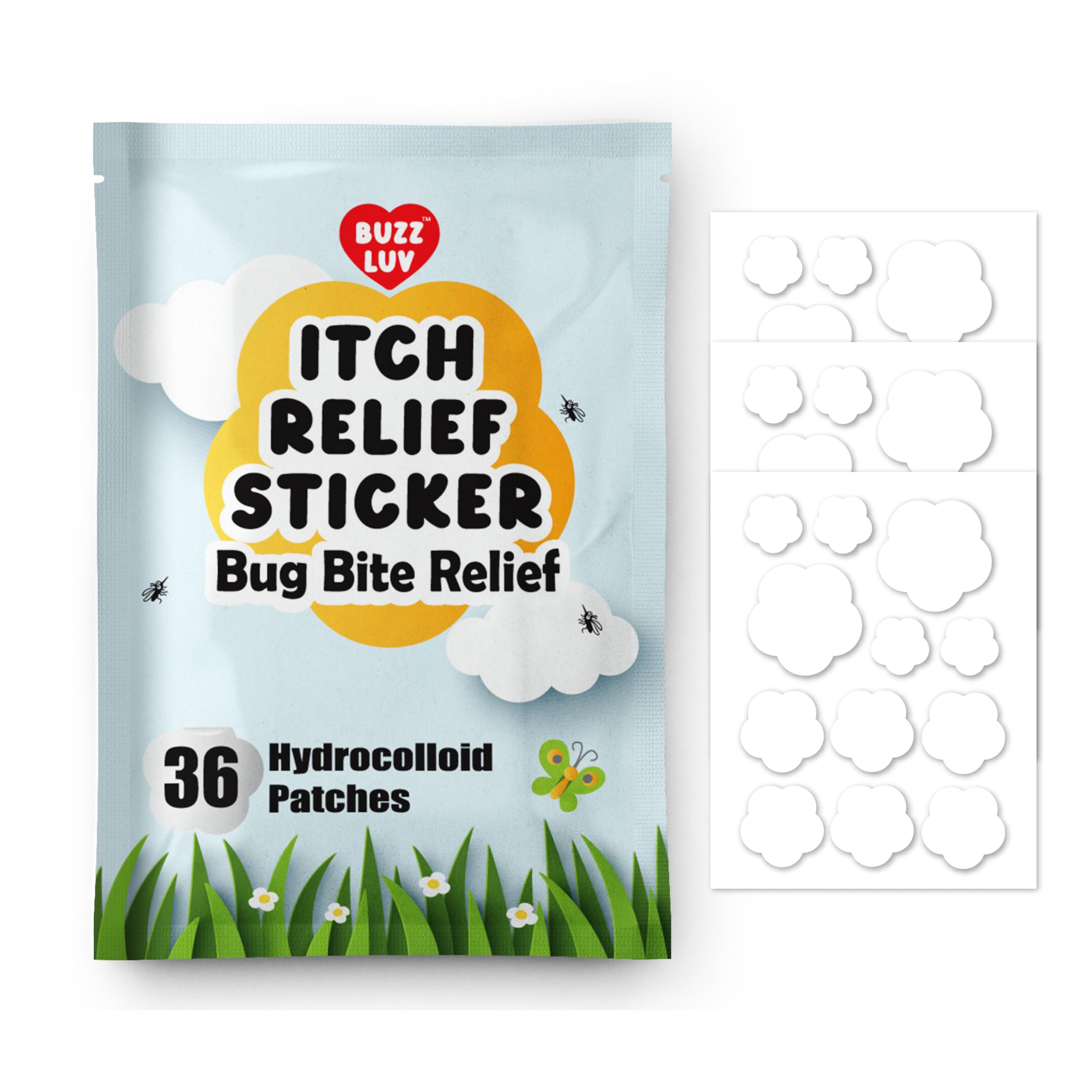BUZZLUV Itch Relief Patches for Kids 36 Hydrocolloid Patches, Anti Itch Stickers, Fast Bite Itch Relief, Reduce Swelling Itching, Summer Travel Essentials for Outdoor, Camp, Hiking, Chemical-Free