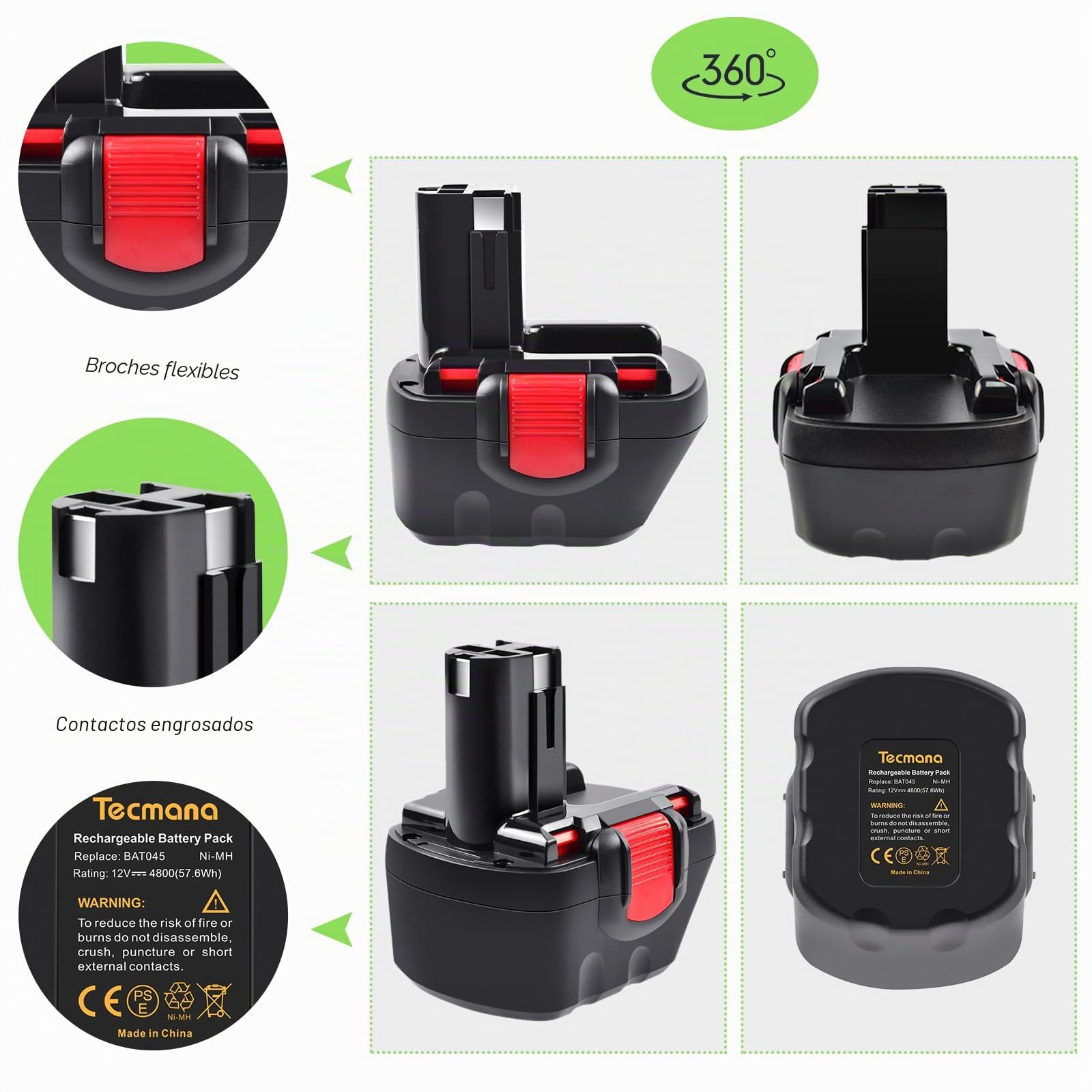 2X Tecmana 12V 4800mAh NI-MH Batería para Bosch 2607335261 2607335274 2607335375 2607335415 2607335454 2607335541 2607335675 BAT043 BAT045 BAT046 BAT049 BAT120 BAT139