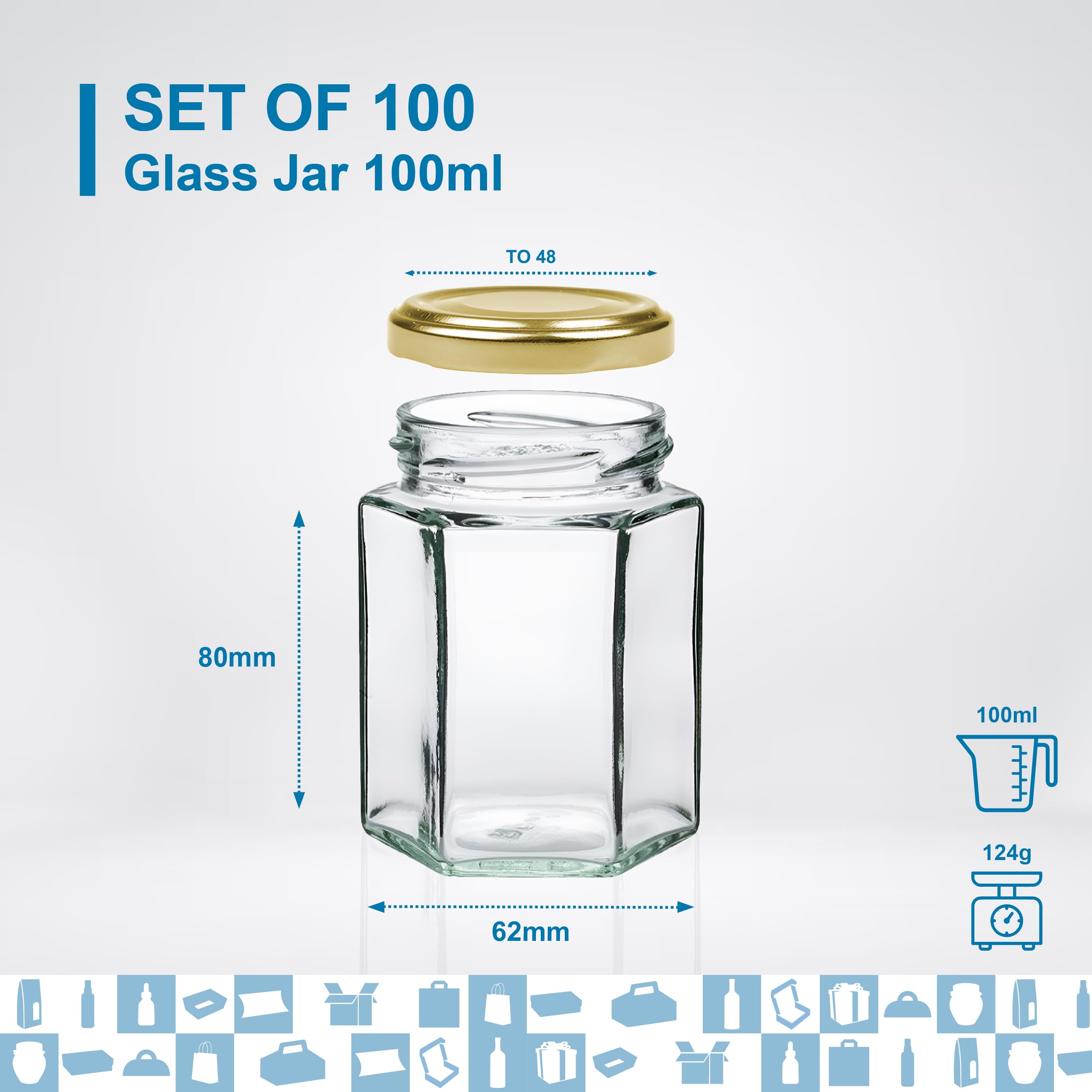 100 tarros de miel hexagonal pequeños con tapa de 100 ml, ideal para la conservación de miel, mermelada, especias, yogur, regalo de invitados, bodas, favores de boda y baby shower