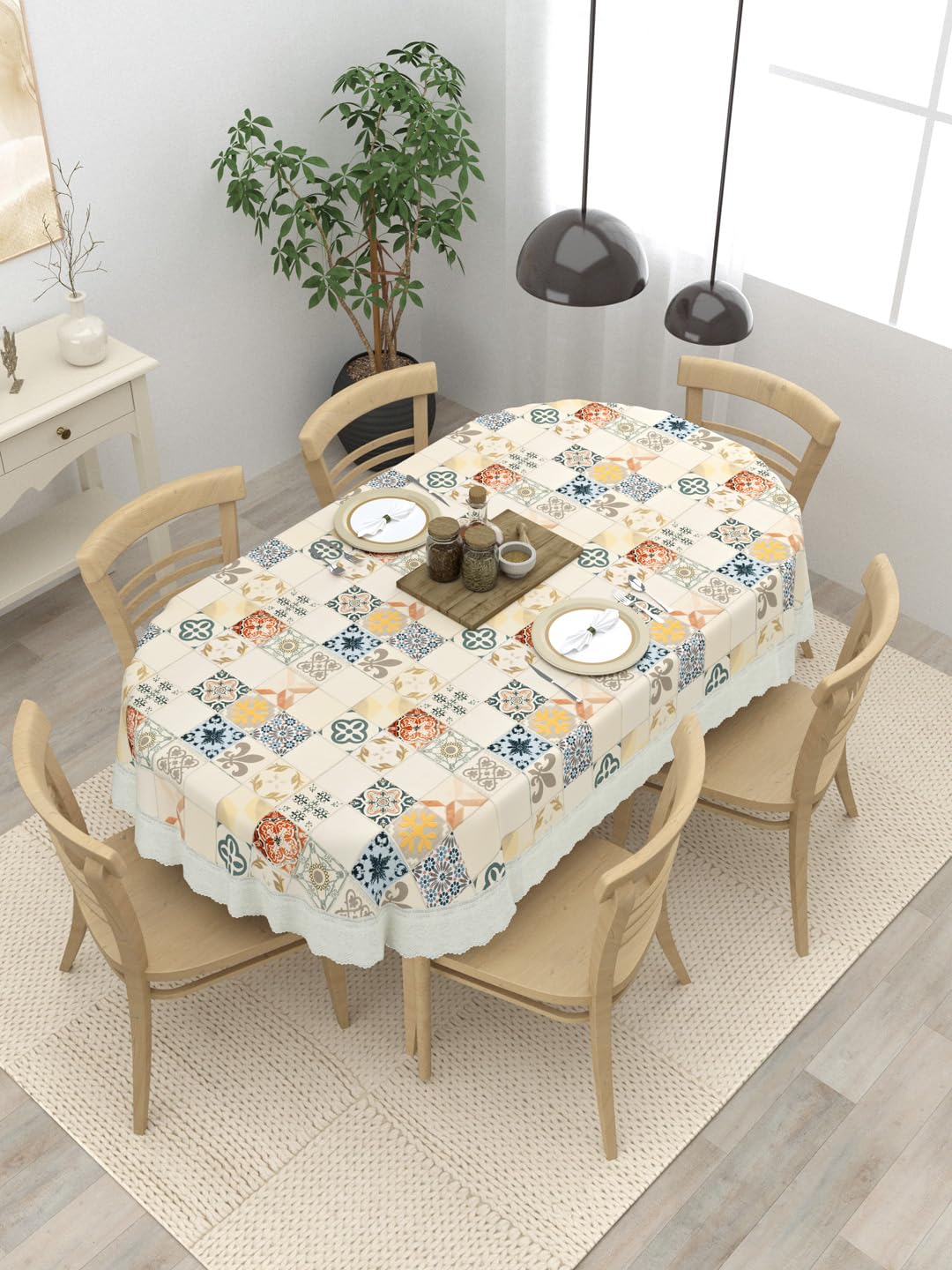 Clasiko 6 Seater Oval Dining Table Cover; 60x90 Inches or 152x228 Cms; Material - PVC; Anti Slip; Multicolor Checks-image-20