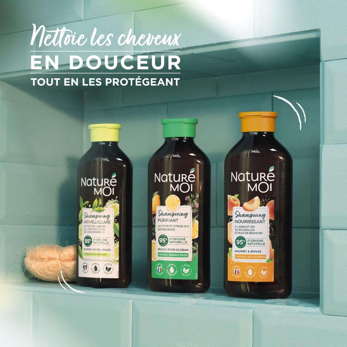 Naturé Moi - Shampooing Antipelliculaire - Sans Sulfate - Soin des Cheveux Normaux Pellicules - Thé, Eau de Concombre Bio - 95% d'Origine Naturelle - 250 ml - Fabriqué en France