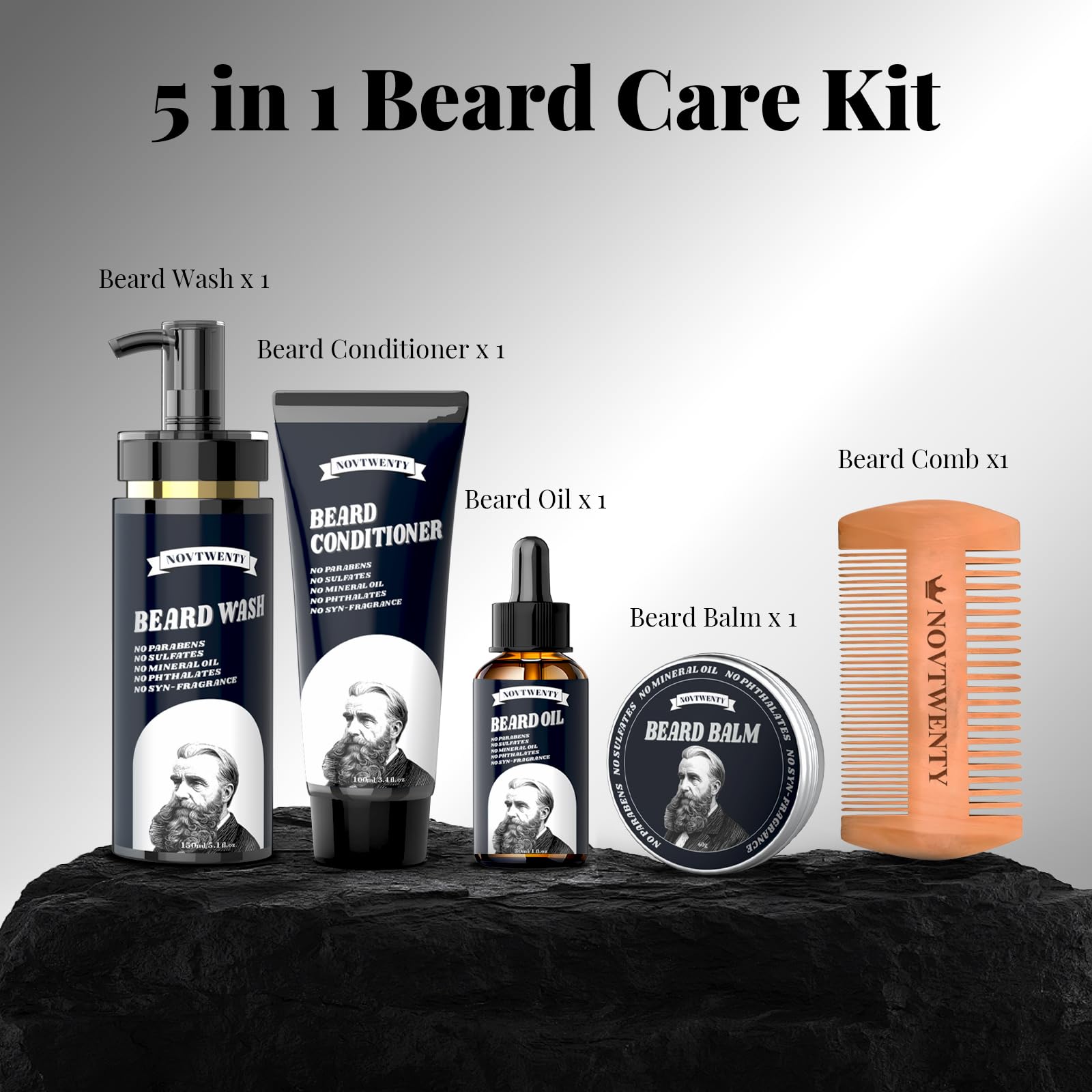 Mobiuty Ensemble de soins de barbe pour homme avec ingrédients naturels avec lavage à barbe, huile à barbe, baume à barbe et peigne à barbe, coffret cadeau pour petit ami, mari, père