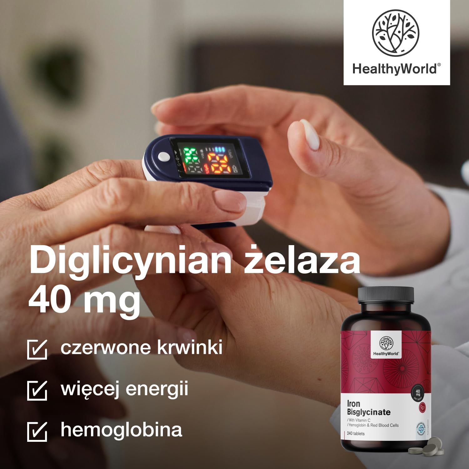 HealthyWorld Diglicynian żelaza 40 mg - Z Witaminą C - 240 Tabletek - 8-miesięczny Zapas - Bez GMO i Bez Sztucznych Barwników - 40 mg Żelaza, 40 mg Witaminy C - Najlepsza Jakość