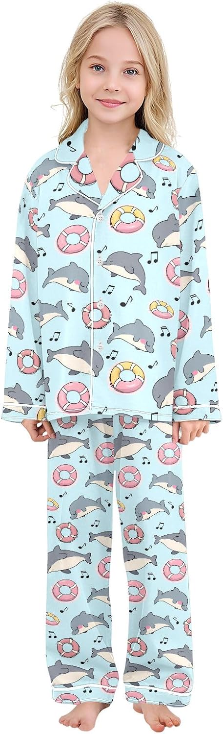 Kids Casual Satin Wear Set Dolphin Swimming Circle Pattern Unisex Relaxed Fit Clothing
