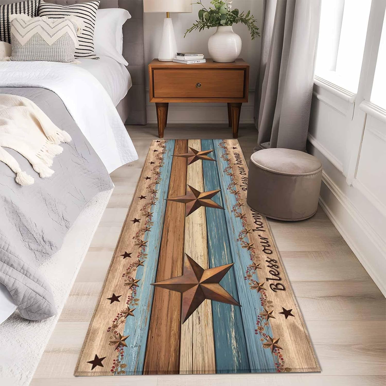 DecorLovee Runner Rug 2'x6', Western Texas Star Retro Non-Slip Hallway Runner Rugs, Vintage Farmhouse Blue Brown Wood Grain Bedside Rugs Floor Mats Carpet Runners for Kitchen Bathroom Laundry Room