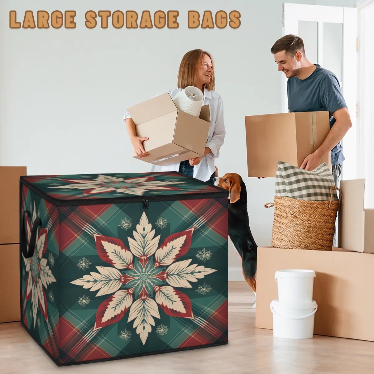 Honeybaby 214L Extra Large Comforter Storage Bag Snowflake Pattern Christmas Storage Totes with Lids Waterproof Closet Organizer Folding Blanket Storage Bags for Clothes Bedding Pillows